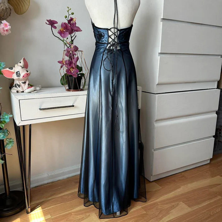 Blue Gorgeous Vintage Elegant Exquisite Beaded Suspender Long Tulle Ball Gown Evening Gown Party Dress Prom Gown nv4247