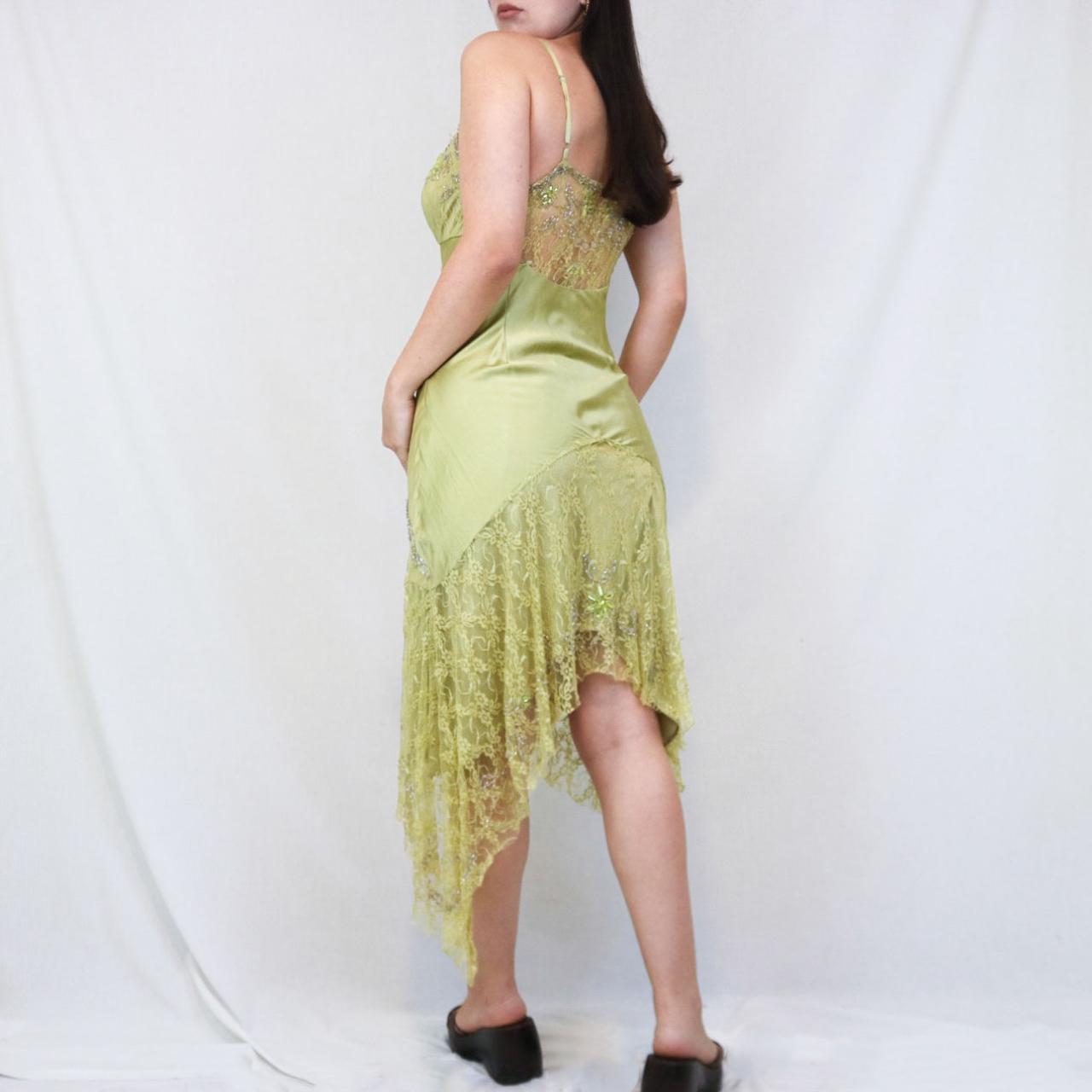 ✨💚Vintage Beaded Chartreuse Fairy Long Lace Mini Formal Homecoming Dress Birthday Party Dress nv4990
