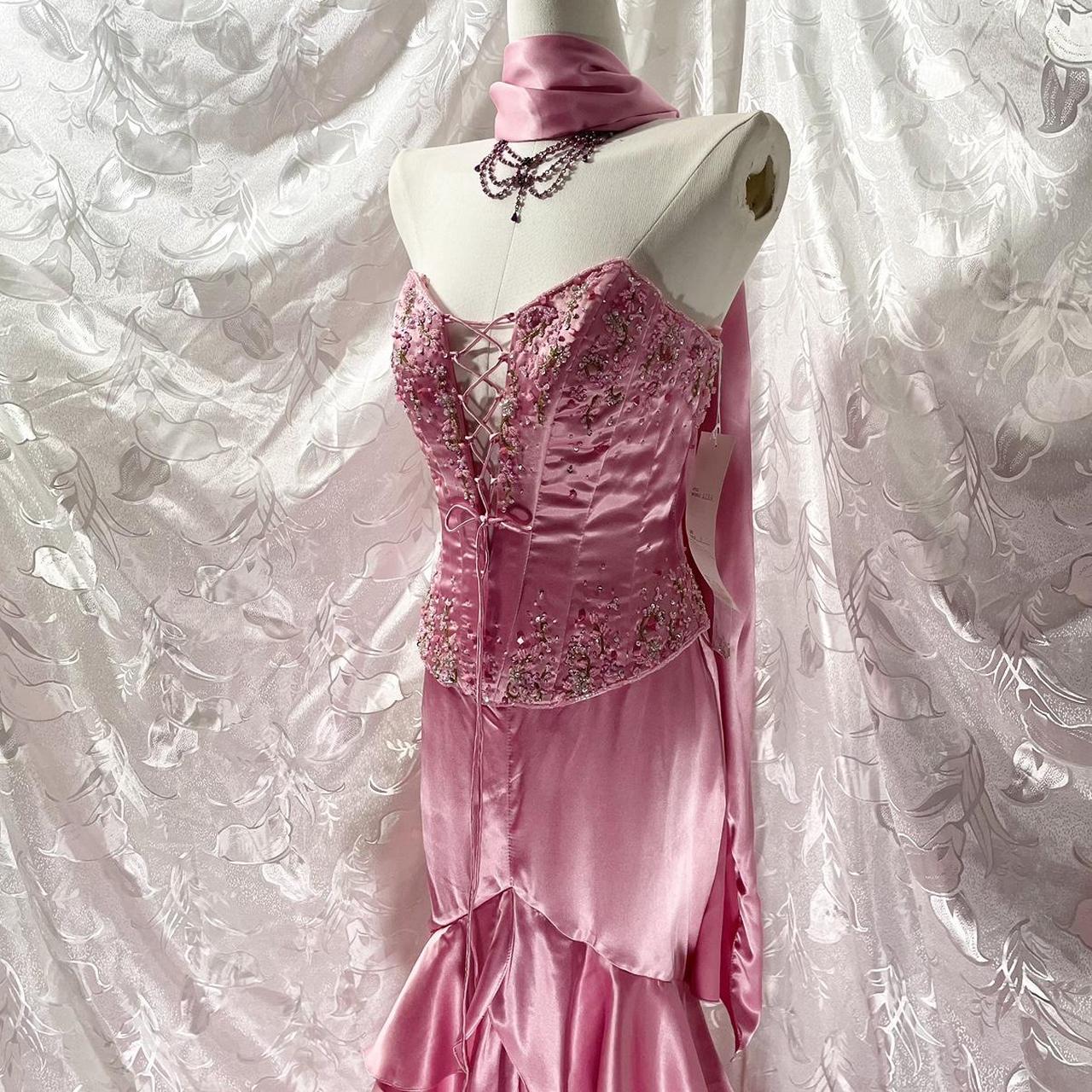 💘Pink exquisite beaded long ruffled satin fairy dress prom dress nv5414