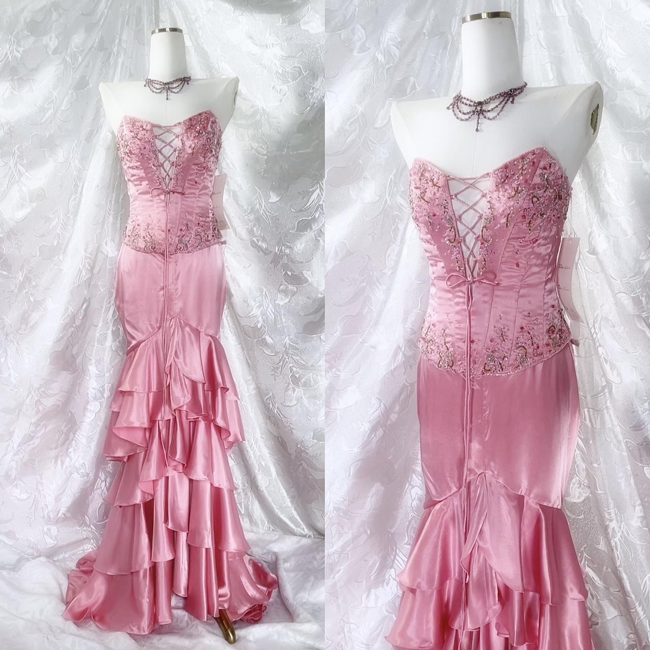 💘Pink exquisite beaded long ruffled satin fairy dress prom dress nv5414