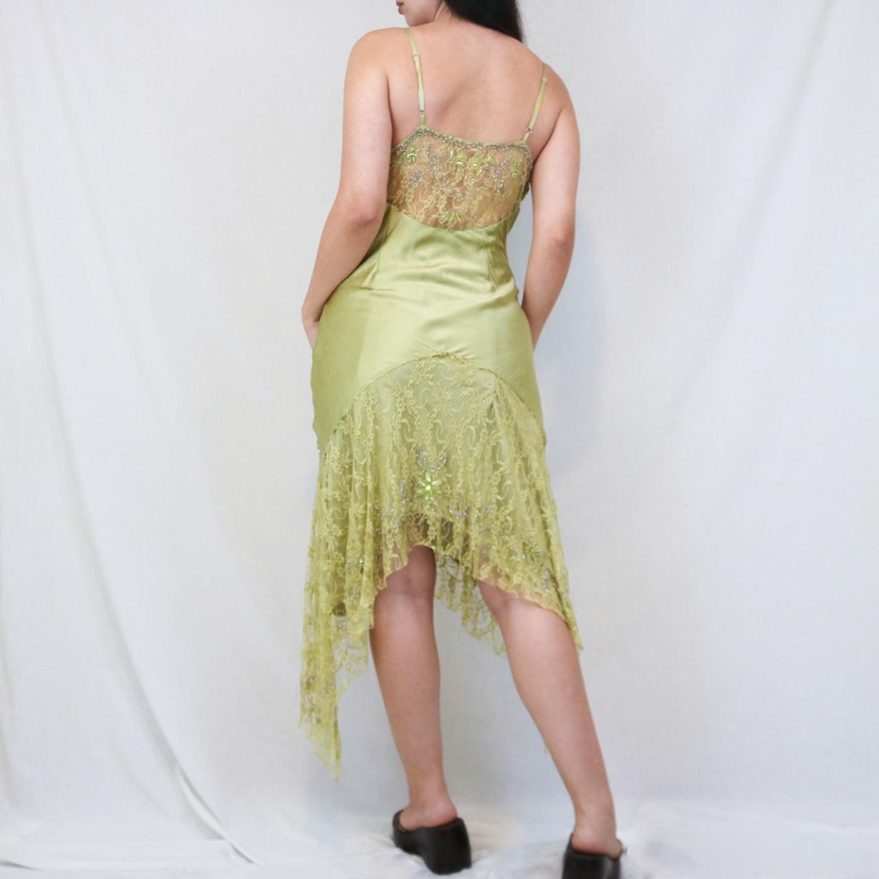 ✨💚Vintage Beaded Chartreuse Fairy Long Lace Mini Formal Homecoming Dress Birthday Party Dress nv4990