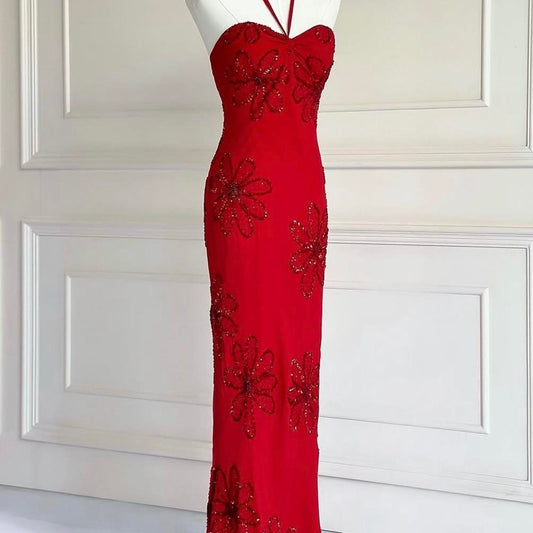 🌹Red vintage 90s y2k boho floral beaded halter maxi prom dress evening gown party dress nv4410
