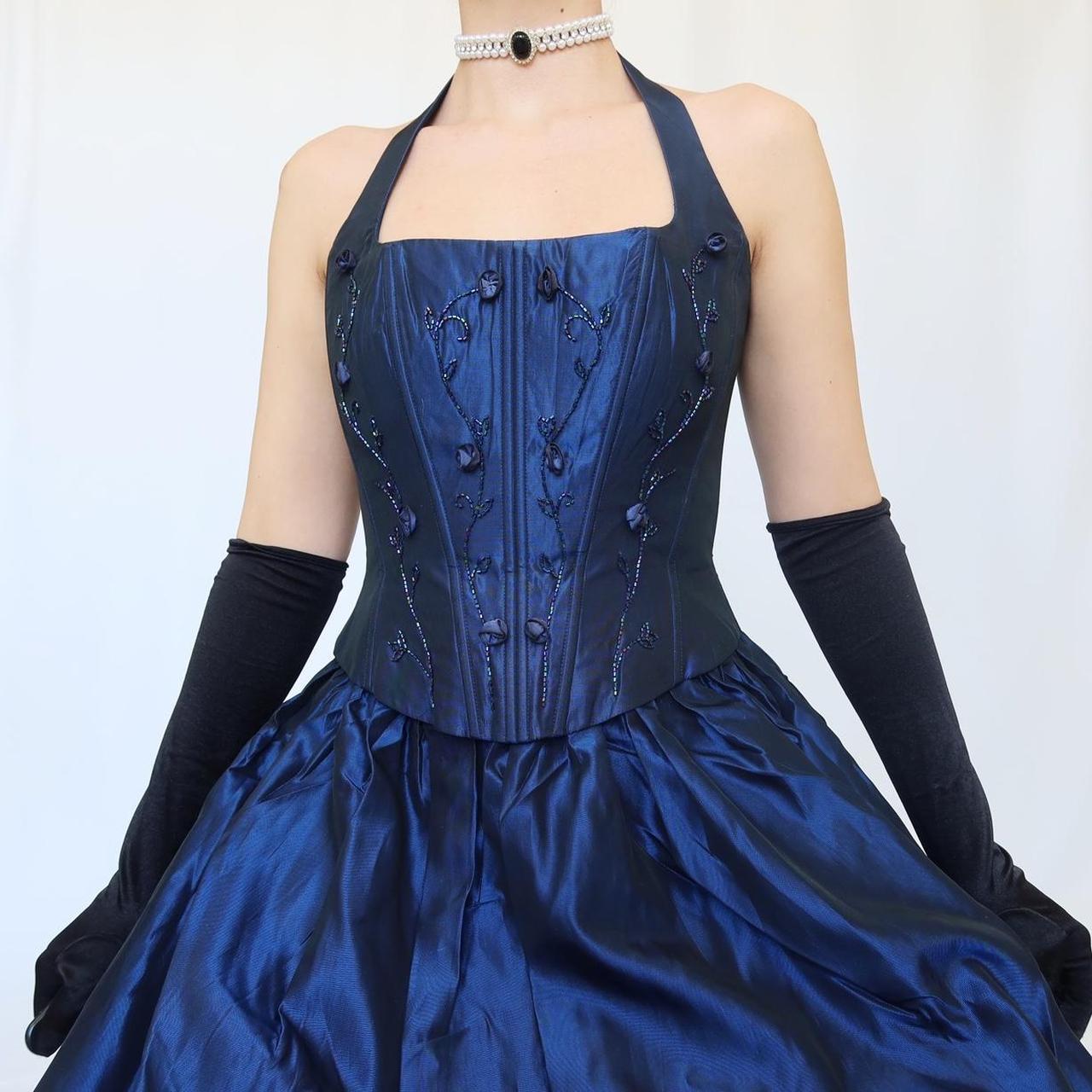 Blue Vintage Elegant Delicate Floral Beading Square Neck Halter Long Satin Fairy Ball Gown Evening Dress Birthday Party Dress Prom Dress nv4002