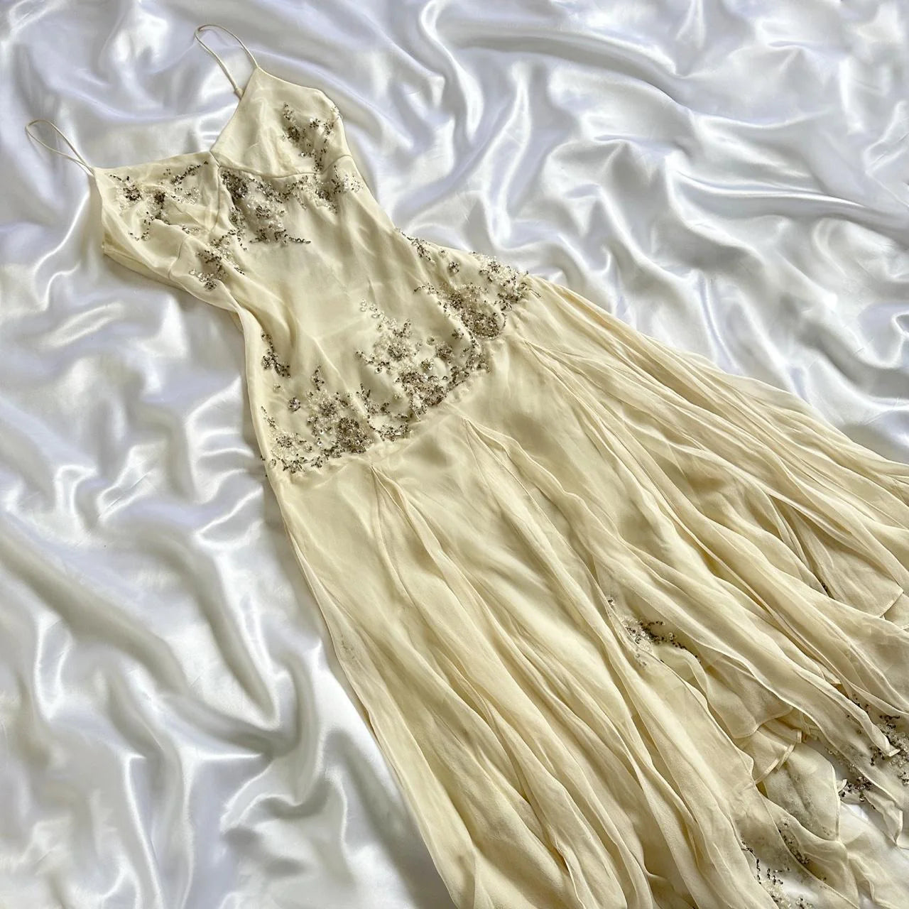 Ivory Beaded Long Chiffon Dress Party Dress Ruffled Evening Dress Ball Gown nv4579