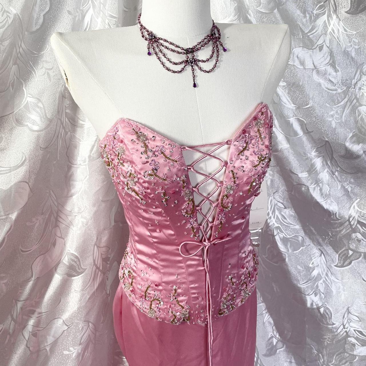 💘Pink exquisite beaded long ruffled satin fairy dress prom dress nv5414