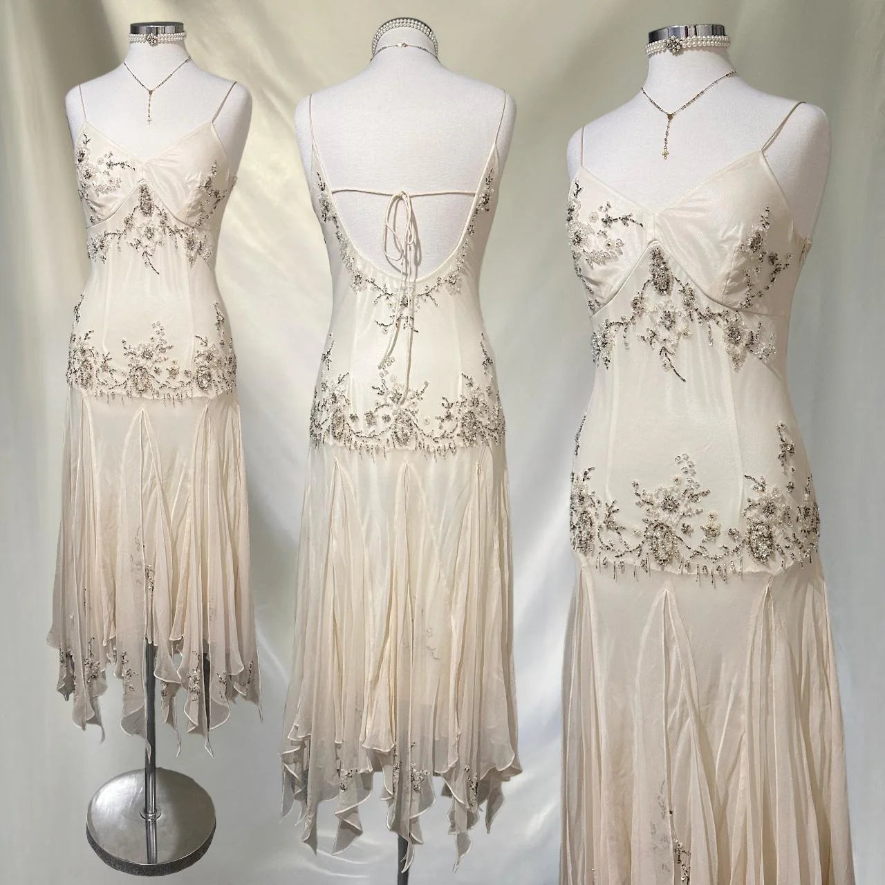 Ivory Beaded Long Chiffon Dress Party Dress Ruffled Evening Dress Ball Gown nv4579