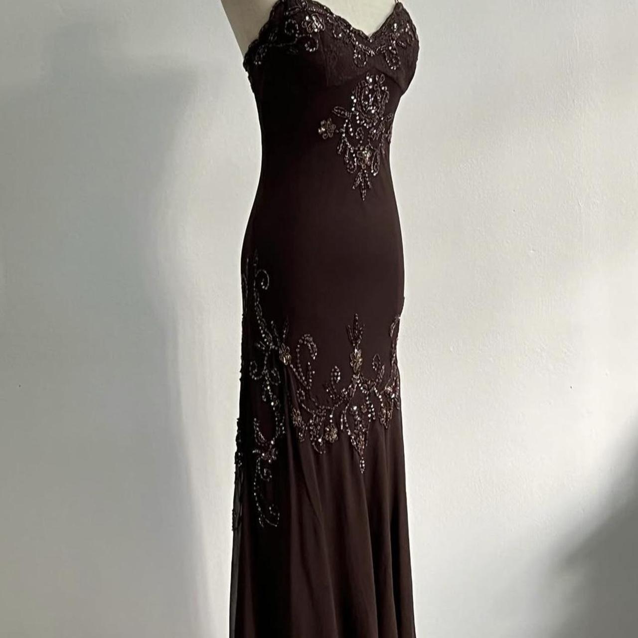 🧚🏼♂️Rare vintage y2k fairy bohemian brown lace beaded sequin floral embroidery maxi dress elegant ball gown evening gown party dress nv4408