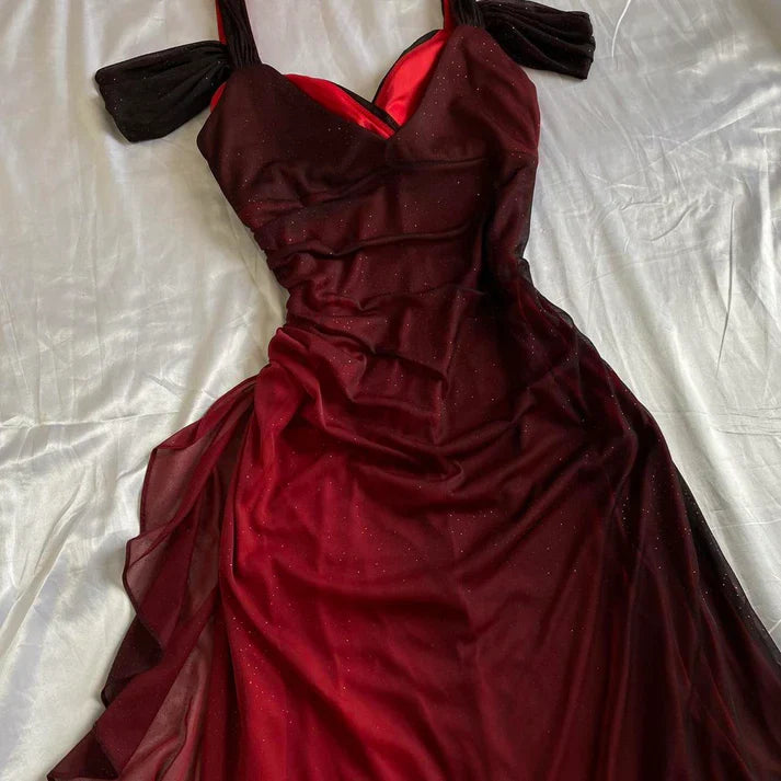 Burgundy Shiny Elegant Off Shoulder Ruffles Fashion Elegant Long Chiffon Prom Dress Evening Gown Party Dress nv4149