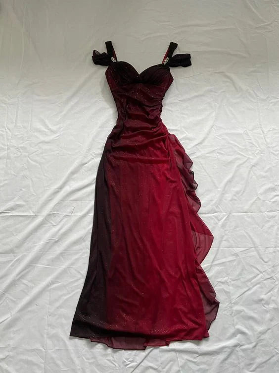 Burgundy Shiny Elegant Off Shoulder Ruffles Fashion Elegant Long Chiffon Prom Dress Evening Gown Party Dress nv4149