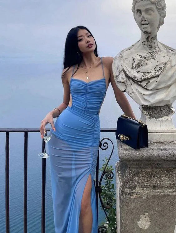 Blaue Hosenträger modisches sexy langes Chiffon-Ballkleid durchsichtiges Ballkleid Abendkleid Partykleid Urlaub Strandkleid nv3493