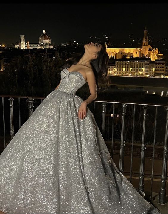 Silber glänzendes bezauberndes A-Linien-Abendkleid mit herzförmigem Ausschnitt und Pailletten, Ballkleid, nv2736