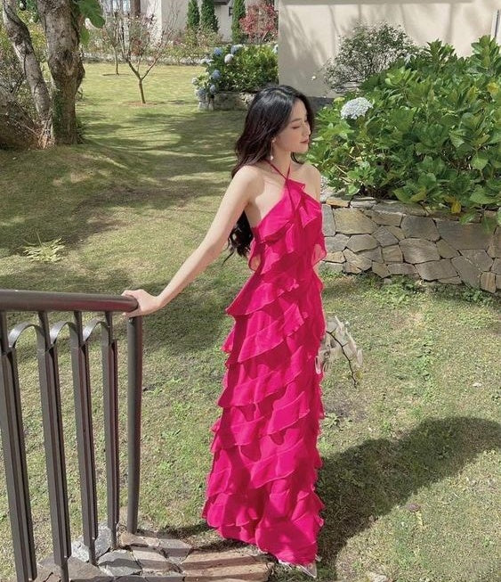 Heißes rosa Modeband, elegantes rückenfreies, mehrlagiges, langes Ballkleid für Hochzeitsgäste, enges, rückenfreies, ärmelloses Chiffon-Geburtstagspartykleid, NV2516