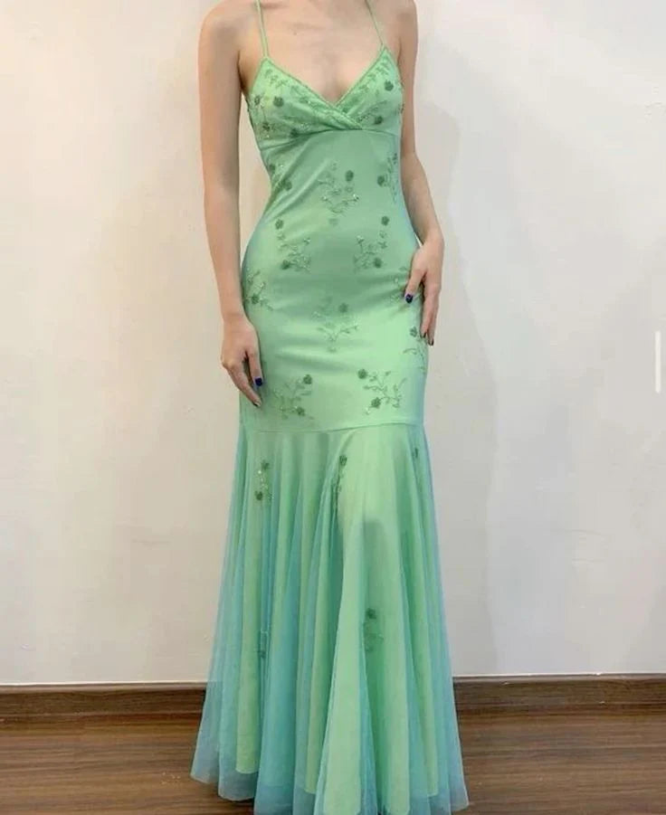 Green fashion exquisite floral beading spaghetti straps long elegant tulle ball gown evening dress party dress prom dress nv3752
