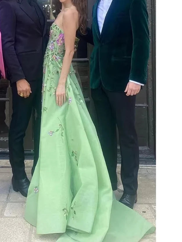 Pretty Sheath Strapless Green Floor Length Evening Dress Organza Prom Dresses With Embroidered nv5337