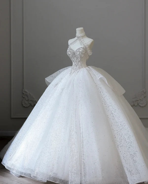 Elegant white exquisite beaded long tulle spaghetti strap prom dress wedding dress nv5318