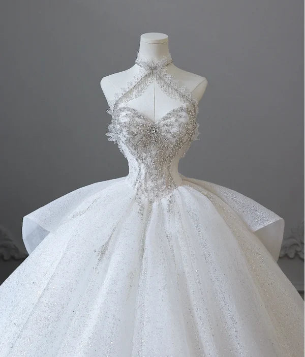 Elegant white exquisite beaded long tulle spaghetti strap prom dress wedding dress nv5318