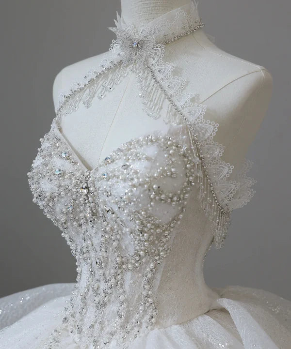 Elegant white exquisite beaded long tulle spaghetti strap prom dress wedding dress nv5318