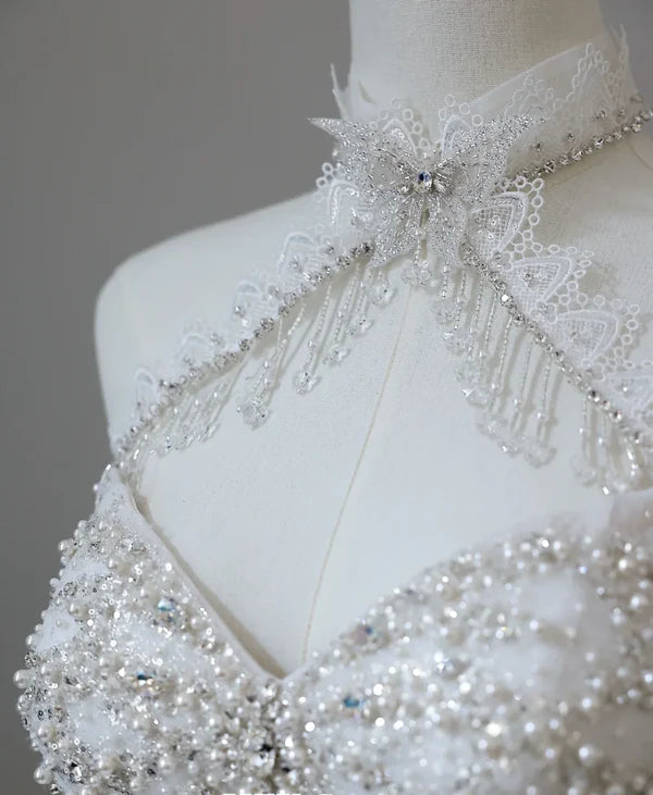 Elegant white exquisite beaded long tulle spaghetti strap prom dress wedding dress nv5318