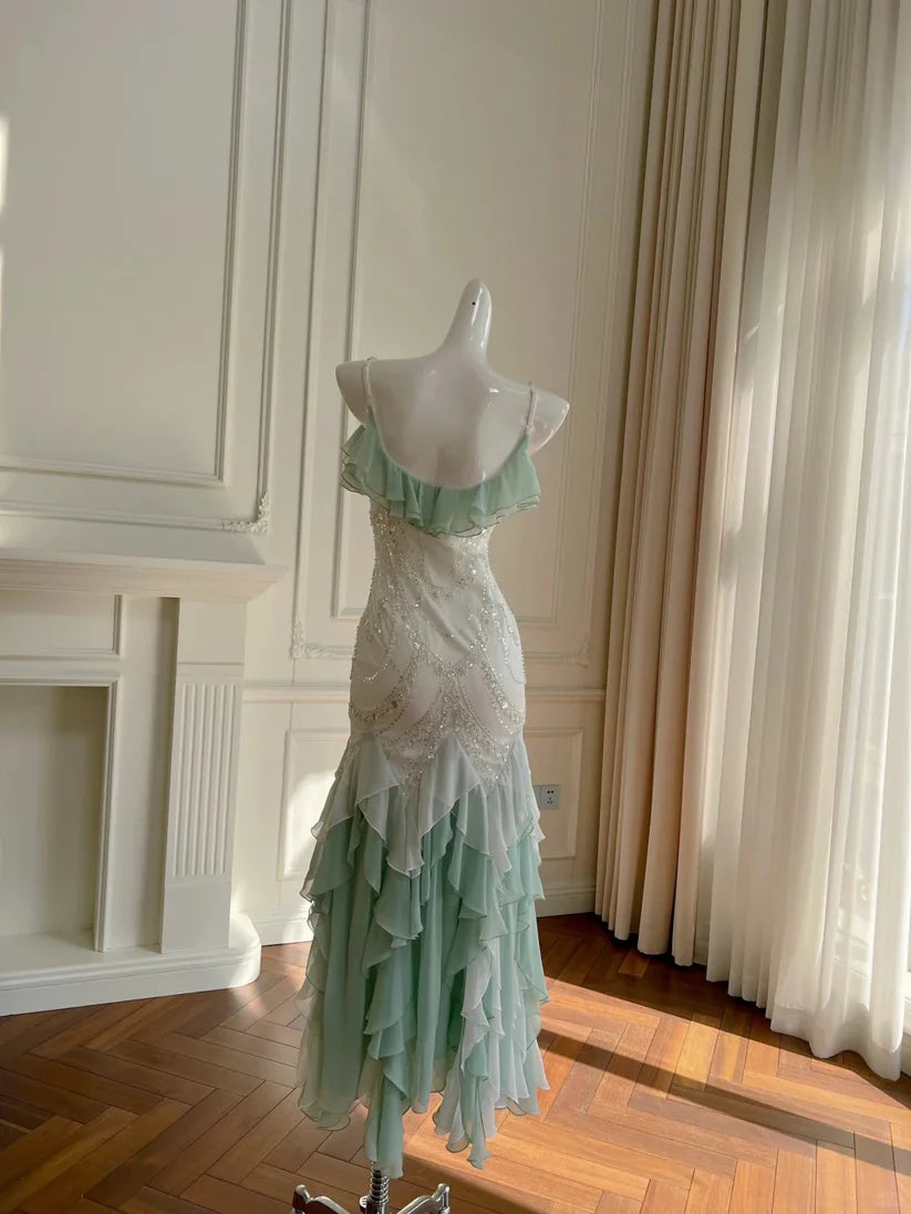 Beautiful Spaghetti Strap Mermaid Beaded Chiffon Prom Dress nv5391