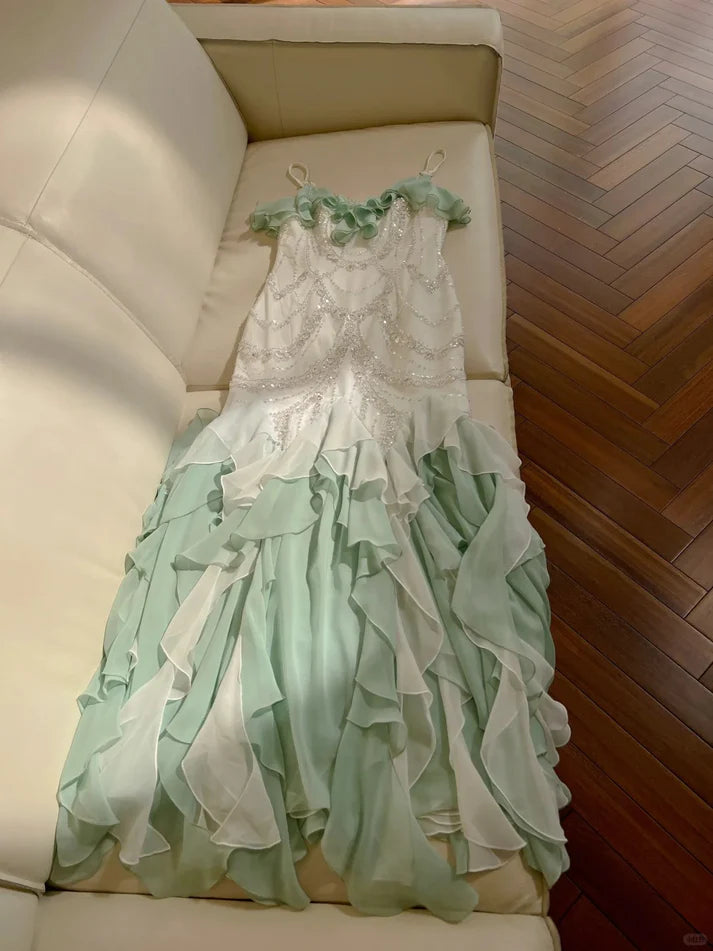 Beautiful Spaghetti Strap Mermaid Beaded Chiffon Prom Dress nv5391