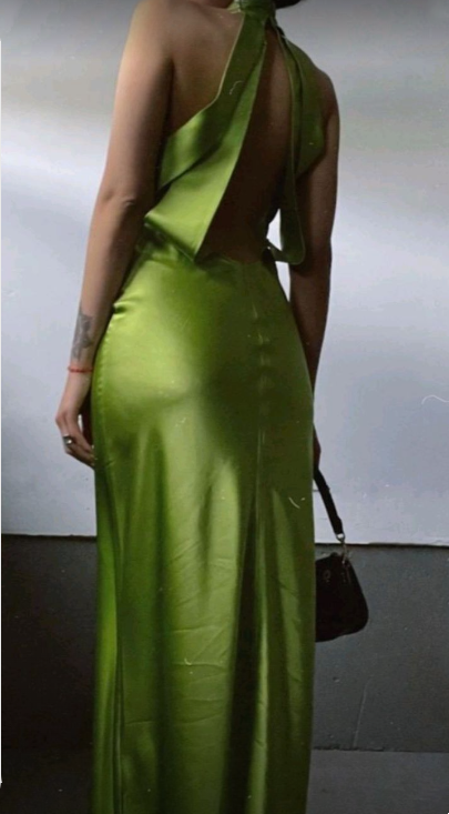 Grünes schlichtes, elegantes Sling-Abendkleid aus Satin mit schmalem, langem Ärmel, Ballkleid, NV2659