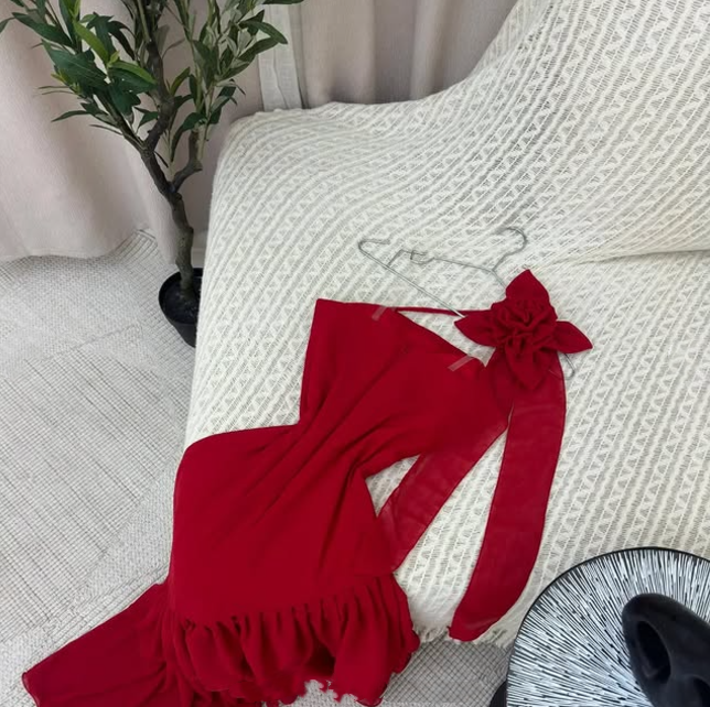 Red Fashion Elegant Floral Long chiffon Ruffle Ball Gown Evening Dress Party Dress nv3550