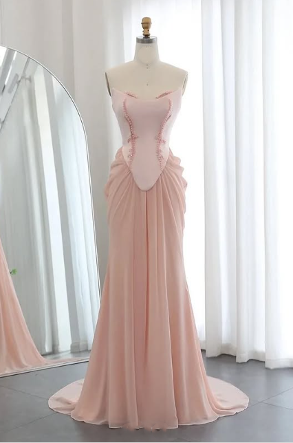 Strapless A-line Pink Ball Gown Mermaid Evening Prom Dress nv1743