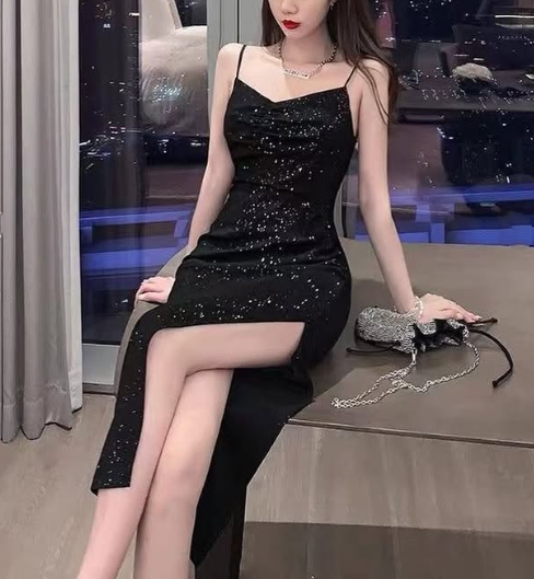 Robe de soirée longue noire brillante et élégante à paillettes et bretelles spaghetti, robe de bal, robe de soirée nv101