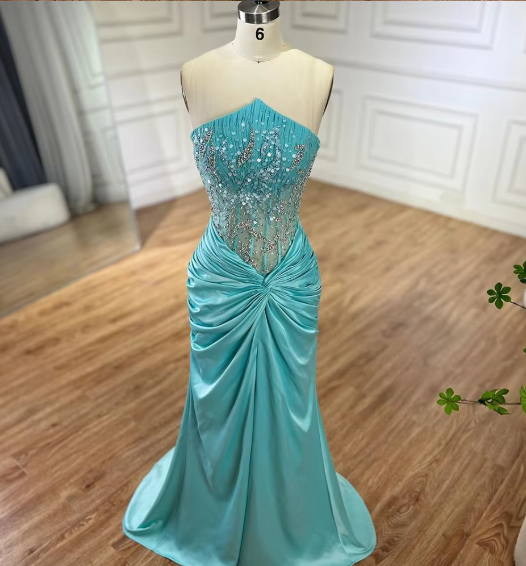 Green Luxury Strapless Mermaid Evening Dress Shiny Satin Beaded Long Formal Party Dress Prom Dress Evening Gown nv2415