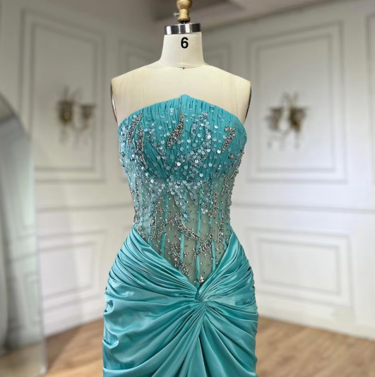 Green Luxury Strapless Mermaid Evening Dress Shiny Satin Beaded Long Formal Party Dress Prom Dress Evening Gown nv2415