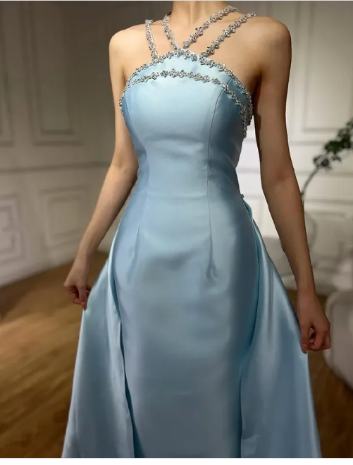 Blue gorgeous rhinestone embellished satin long ball gown evening dress nv2711