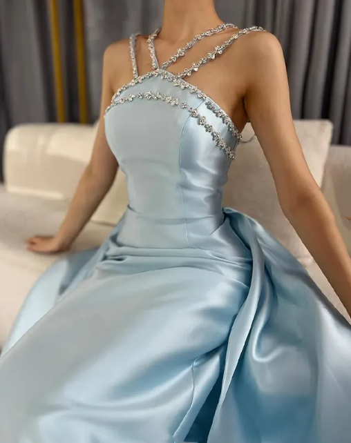 Blue gorgeous rhinestone embellished satin long ball gown evening dress nv2711