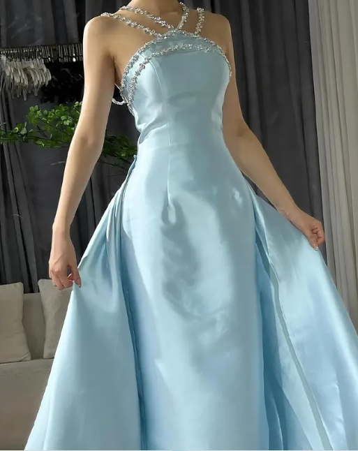 Blue gorgeous rhinestone embellished satin long ball gown evening dress nv2711