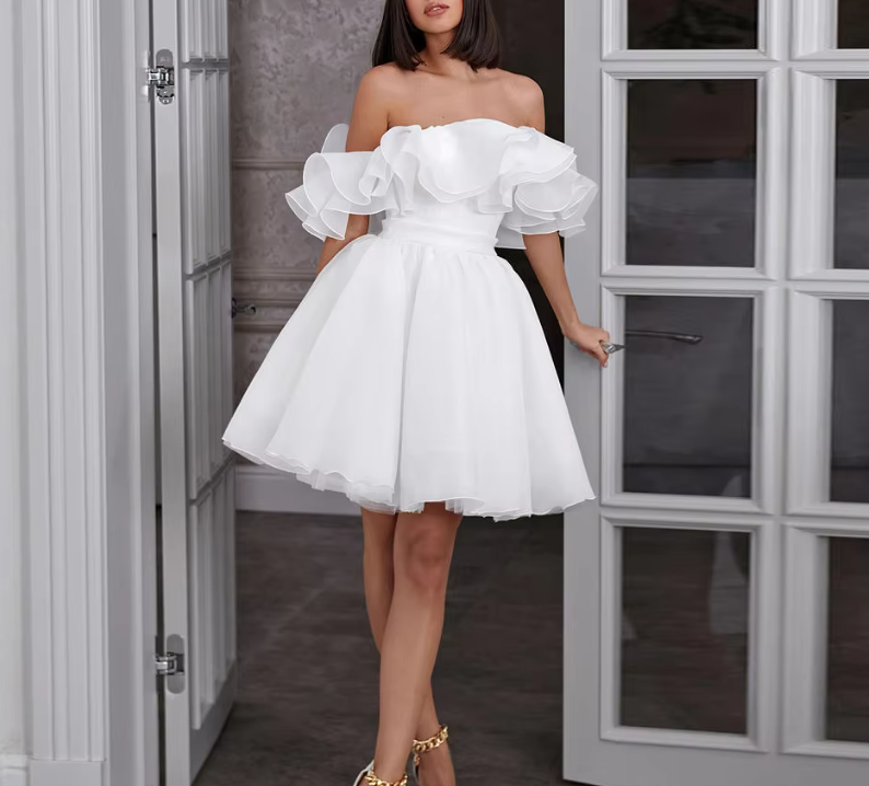 White Fashion Off Shoulder Chiffon Homecoming Dress Layered Ruffle Short Prom Dress nv1856