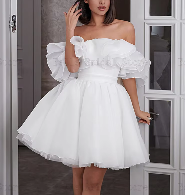 White Fashion Off Shoulder Chiffon Homecoming Dress Layered Ruffle Short Prom Dress nv1856