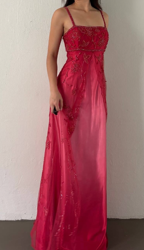Cherry Red Gradient Retro Fashion Exquisite Beading Long Satin Ball Gown Evening Dress Party Dress Prom Dress nv4585