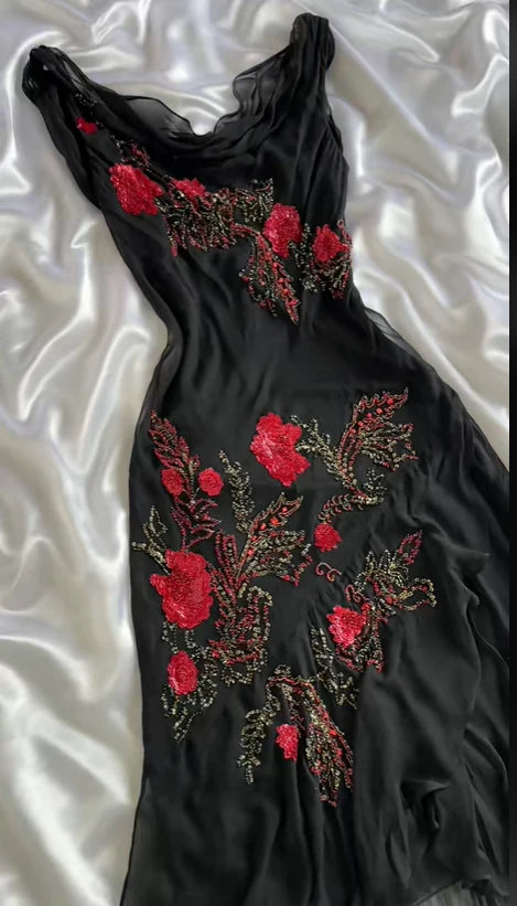 Black exquisite rose flower beaded long Chiffon prom dresses evening dress nv5368