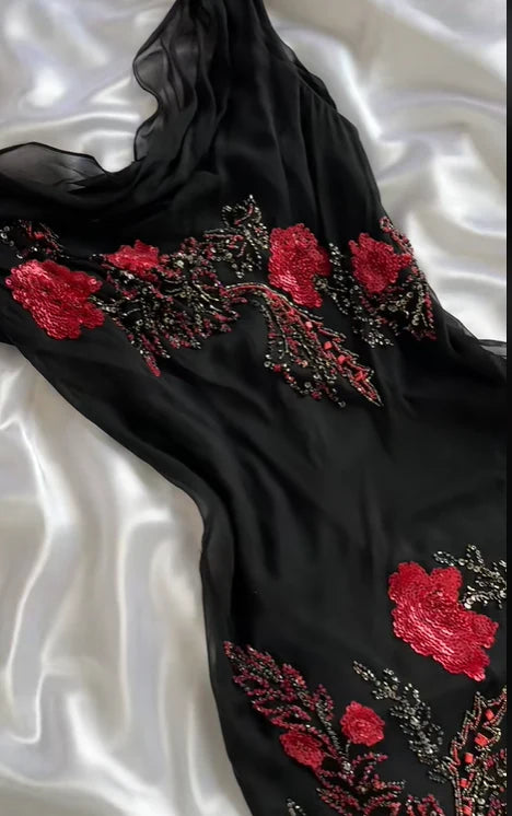 Black exquisite rose flower beaded long Chiffon prom dresses evening dress nv5368