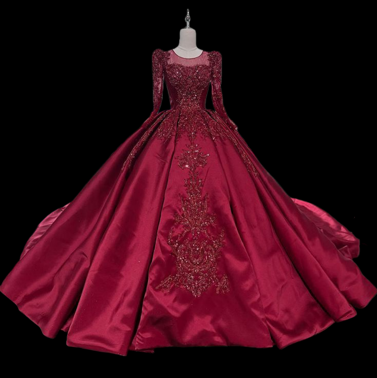 NiceVestidos--Red Luxury Exquisite Beaded Tulle Satin Long Prom Dress Wedding Ball Gown NV5876