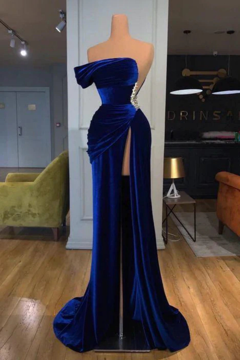 Blue One-shoulder Long Prom Evening Dress with Split nv1