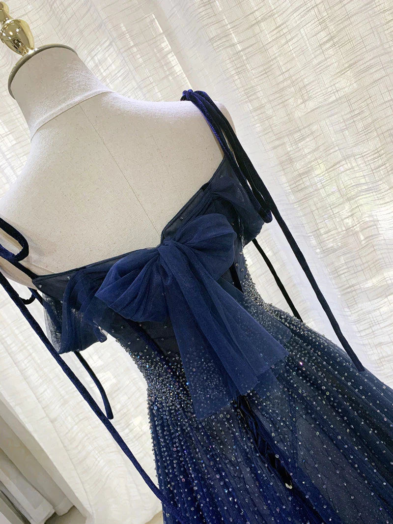 Dark blue tulle sequined long ball gown evening dress nv1912