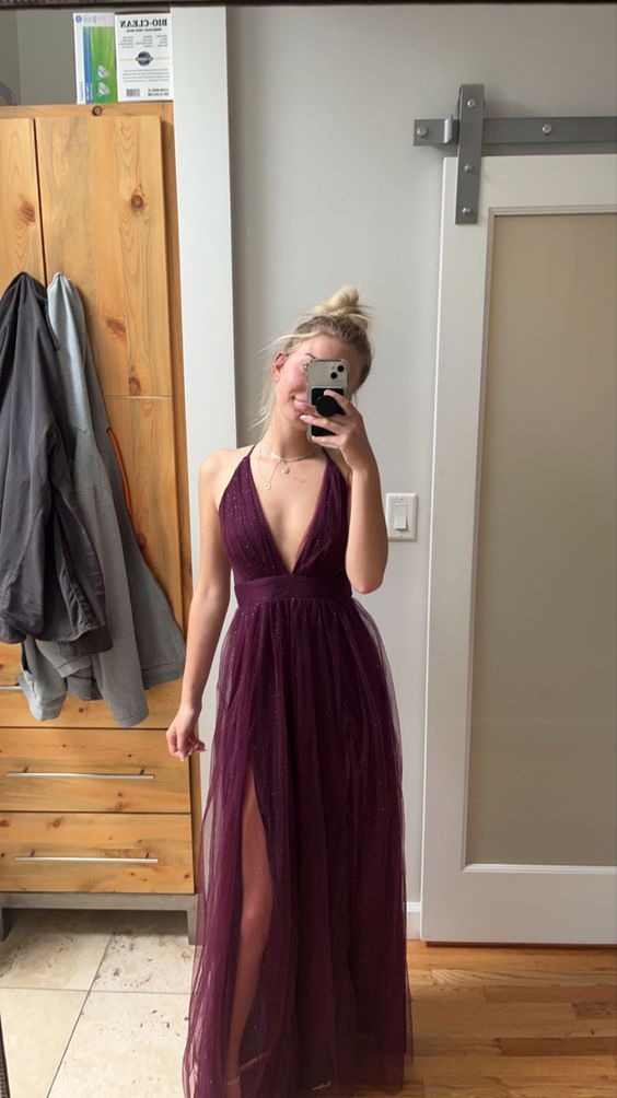 Robe de soirée en tulle bordeaux à décolleté en V profond et ligne A, dos nu, nv1114