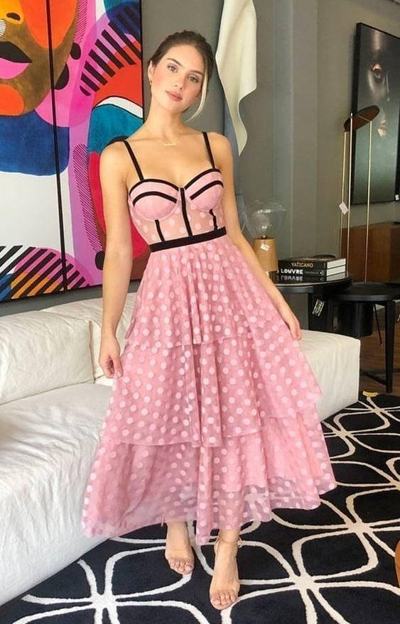 Robe de soirée chic en tulle rose à col en cœur et à pois, longueur thé, robe de bal nv1130