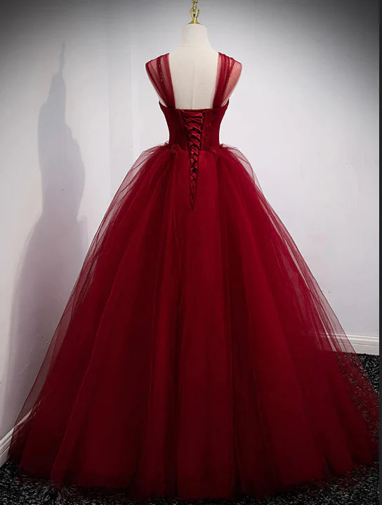 Red off-the-shoulder sweetheart lace tulle beaded lace-up appliques floor-length ball gown evening dress nv1903