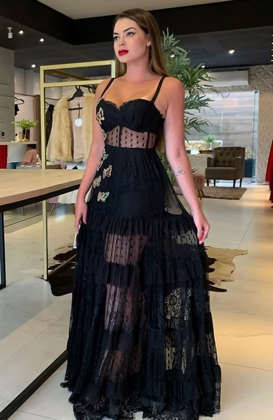 Robe de bal longue noire à bretelles en tulle pour remise de diplôme nv1129