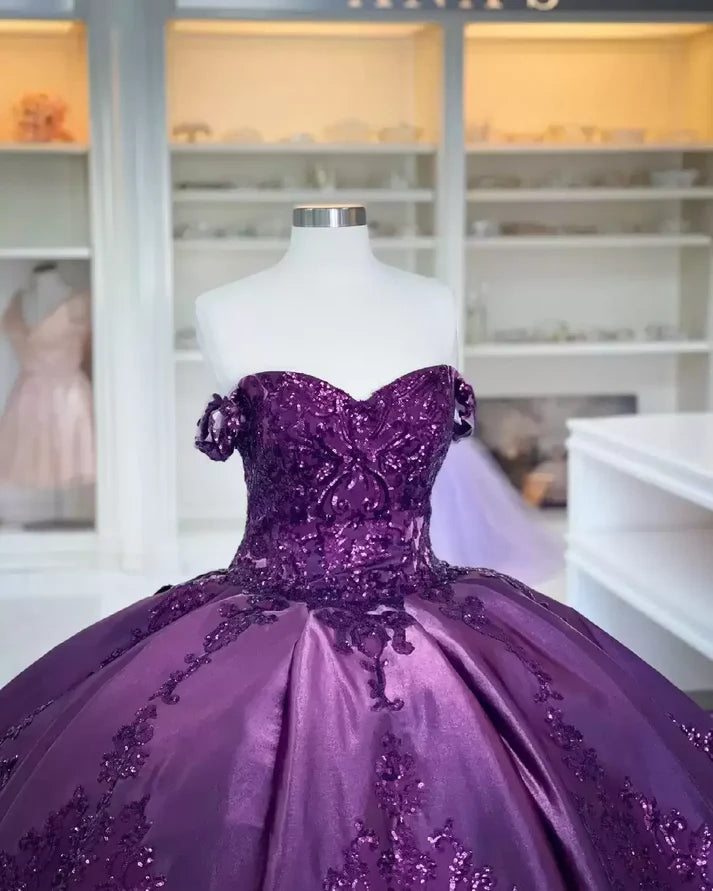 Dark Purple Quinceanera Dress Shiny Sequin Applique Off-the-shoulder Prom Dress Evening Dress nv2020