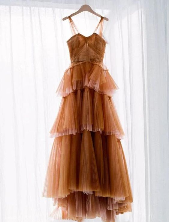 Robe de bal longue en tulle marron de style A-Line nv1153