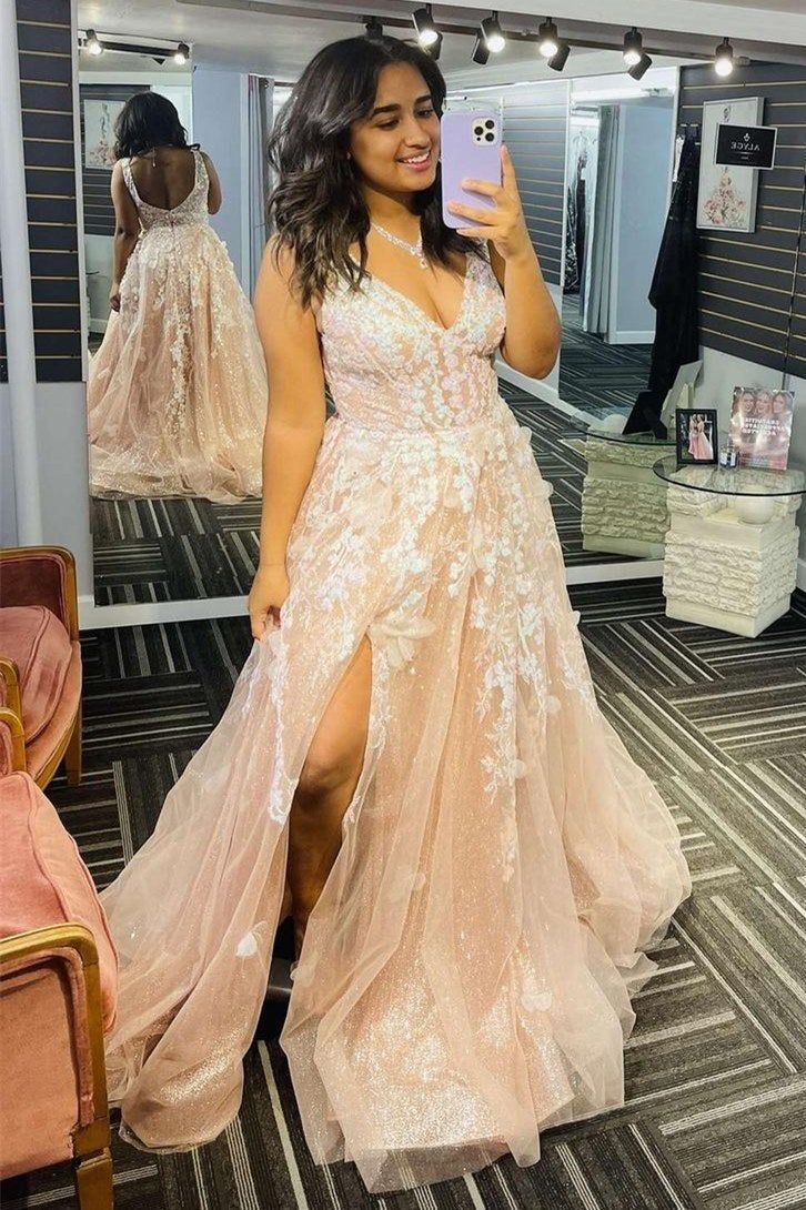 Robe longue de soirée en tulle avec appliques en forme de A nv1149