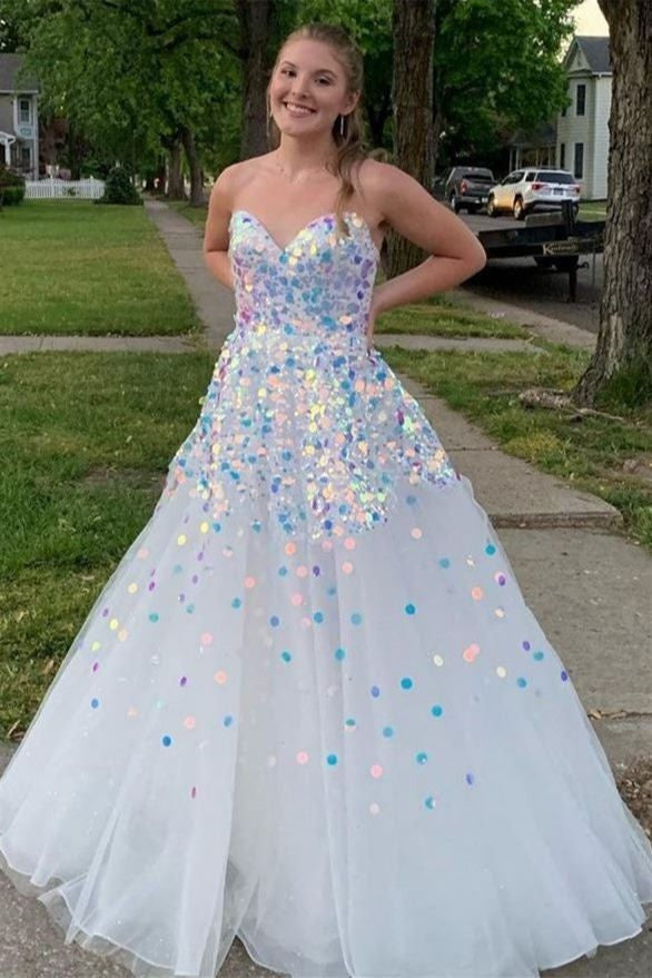 A-Line Strapless White Sequined Long Prom Dress nv1294