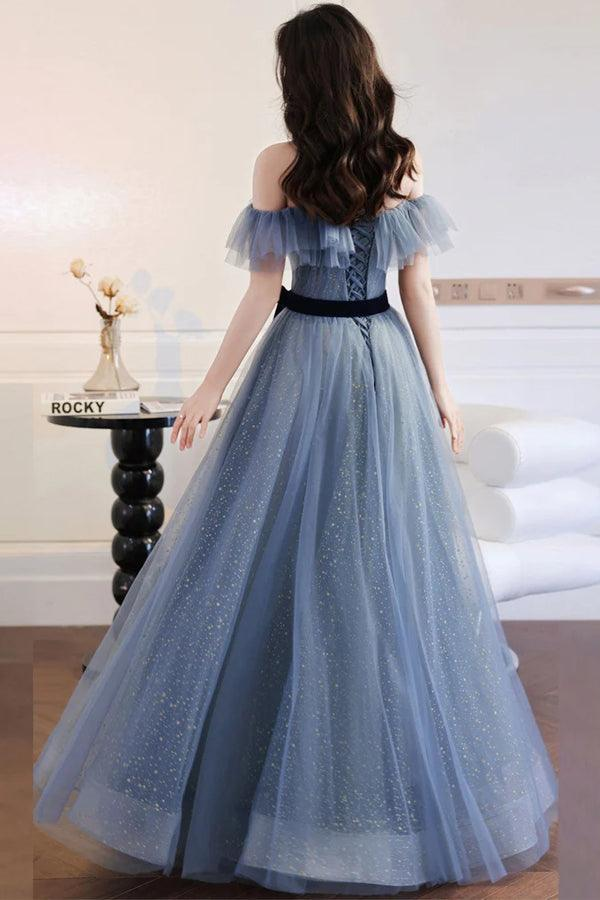 Off The Shoulder Long Prom Dress A-line Gray Blue Tulle Evening Dress nv1068